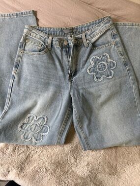 Light Blue Floral Appliqué Wide Leg Jeans